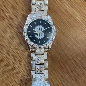 Vintage Geneva Men's Iced Out Watch – Silver Tone – $ Sign Face